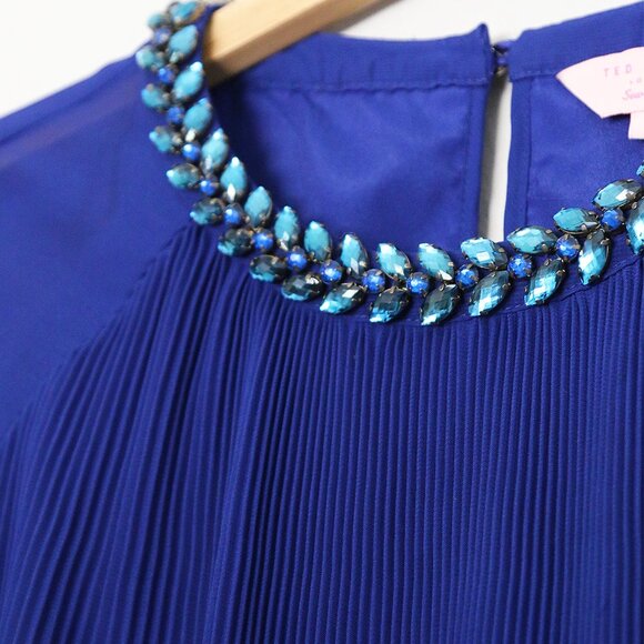 Ted Baker Lovina Jewel Embellished Accordion Pleated Blouse Cobalt Royal Blue 4 - Picture 6 of 16